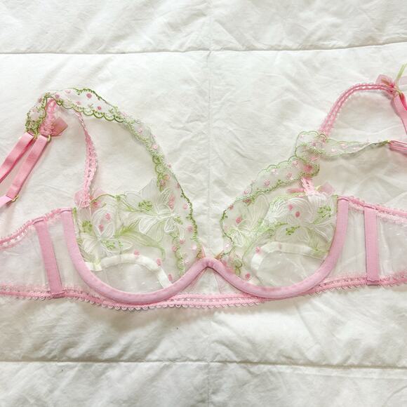 NWOT For Love & Lemons Waterlilies Floral Embroidered Sheer Bra Pink Green XS - Picture 6 of 8